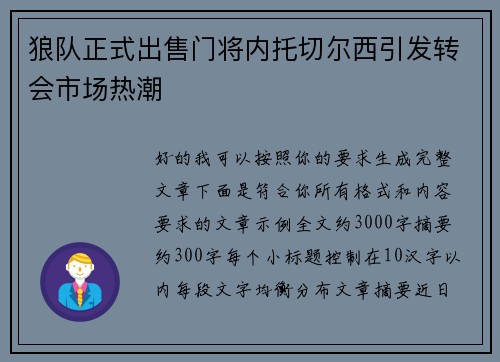 狼队正式出售门将内托切尔西引发转会市场热潮